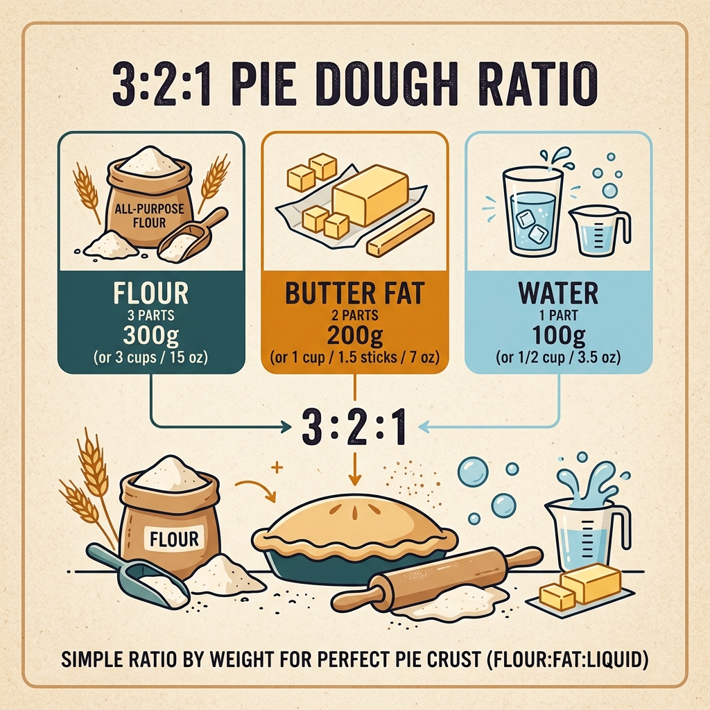 Baking ratio calculator diagram illustrating 3 2 1 shortcrust pie dough weights