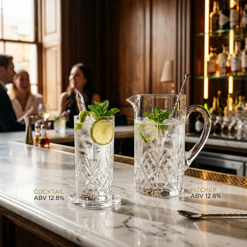 Batch cocktail pitcher displaying volume and ABV percentage calculation