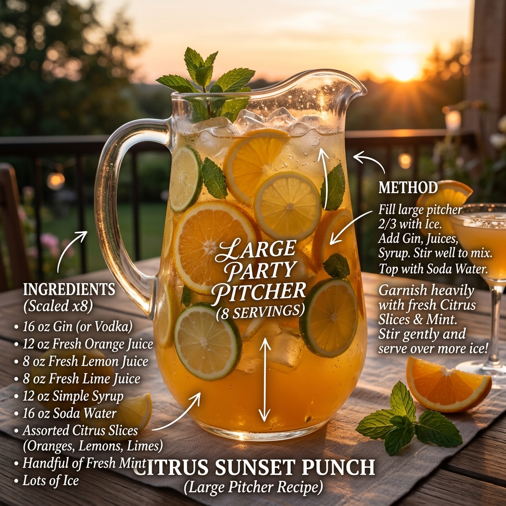 Cocktail recipe scaler diagram showing single drink scaled into batch pitcher