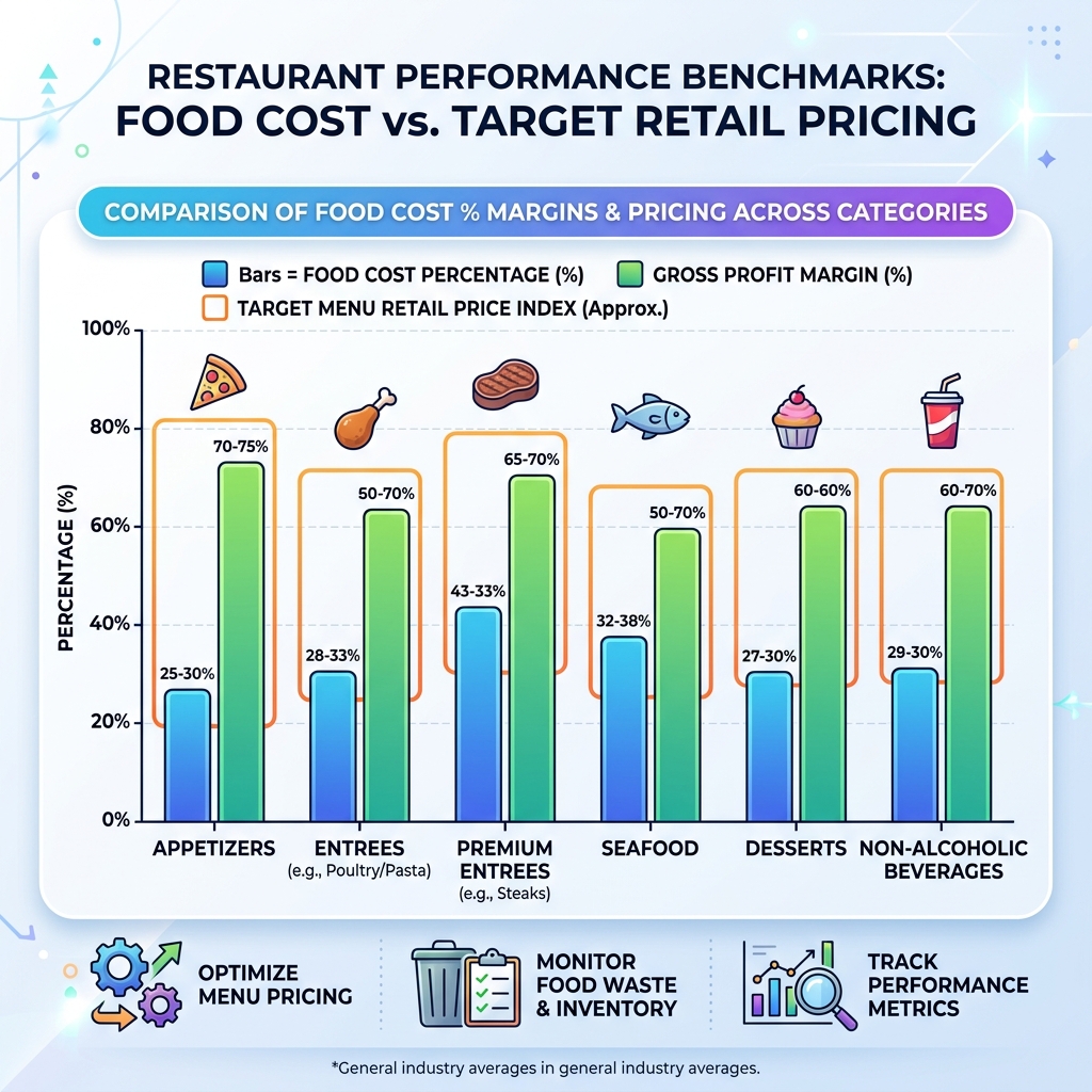 Chart comparing food cost percentage margins against target menu retail pricing