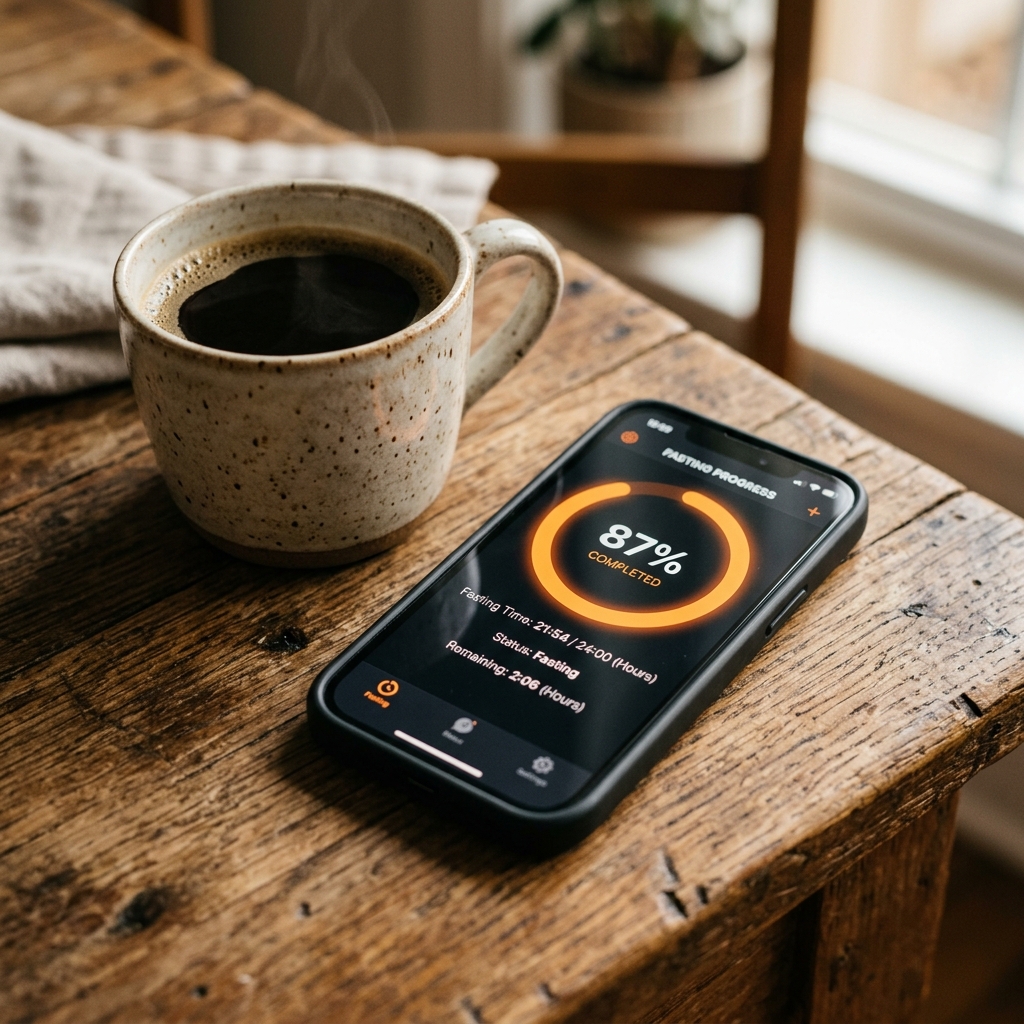 Smartphone screen displaying 16:8 intermittent fasting progress timer next to cup of black coffee