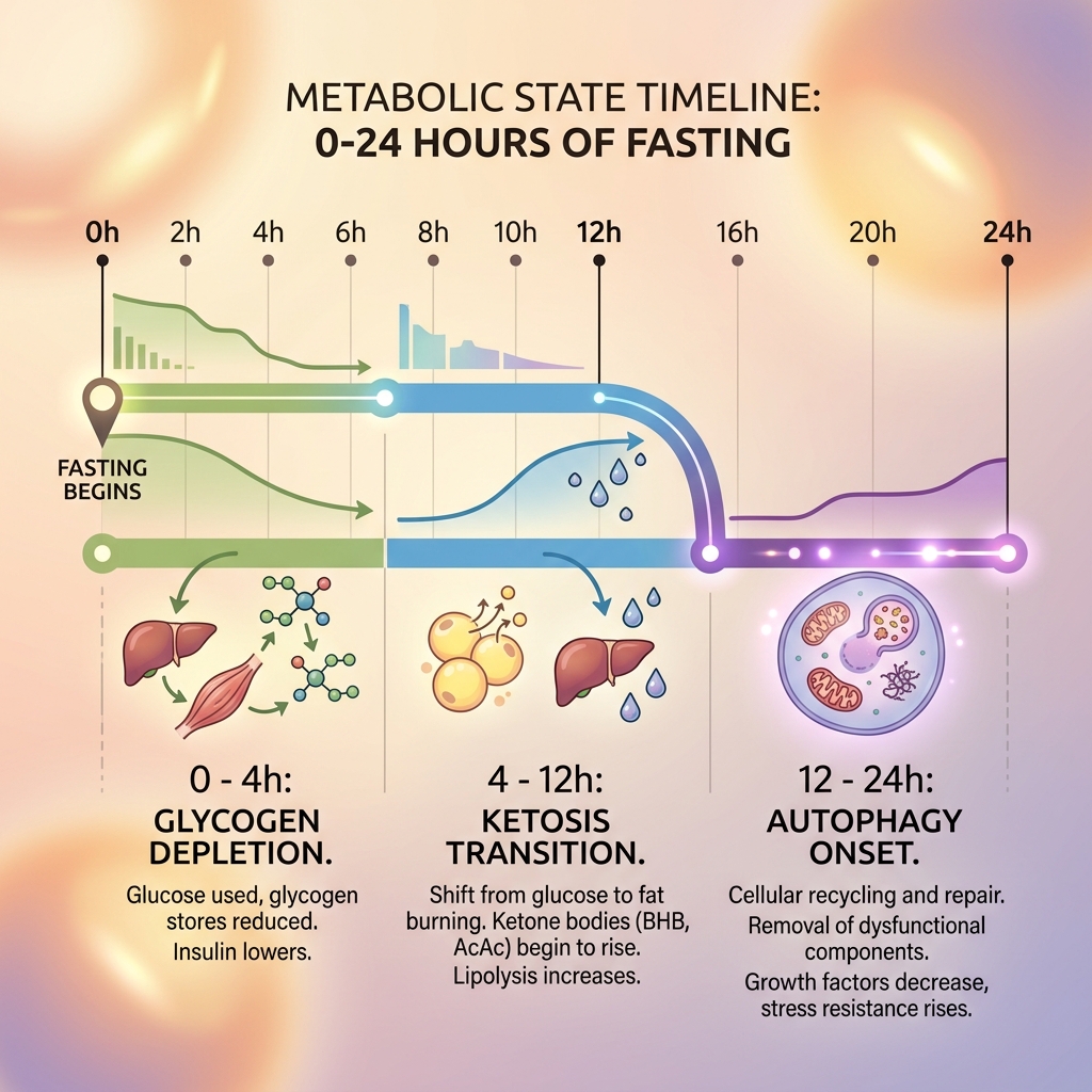 Timeline chart of metabolic states from glycogen depletion to ketosis and cellular autophagy