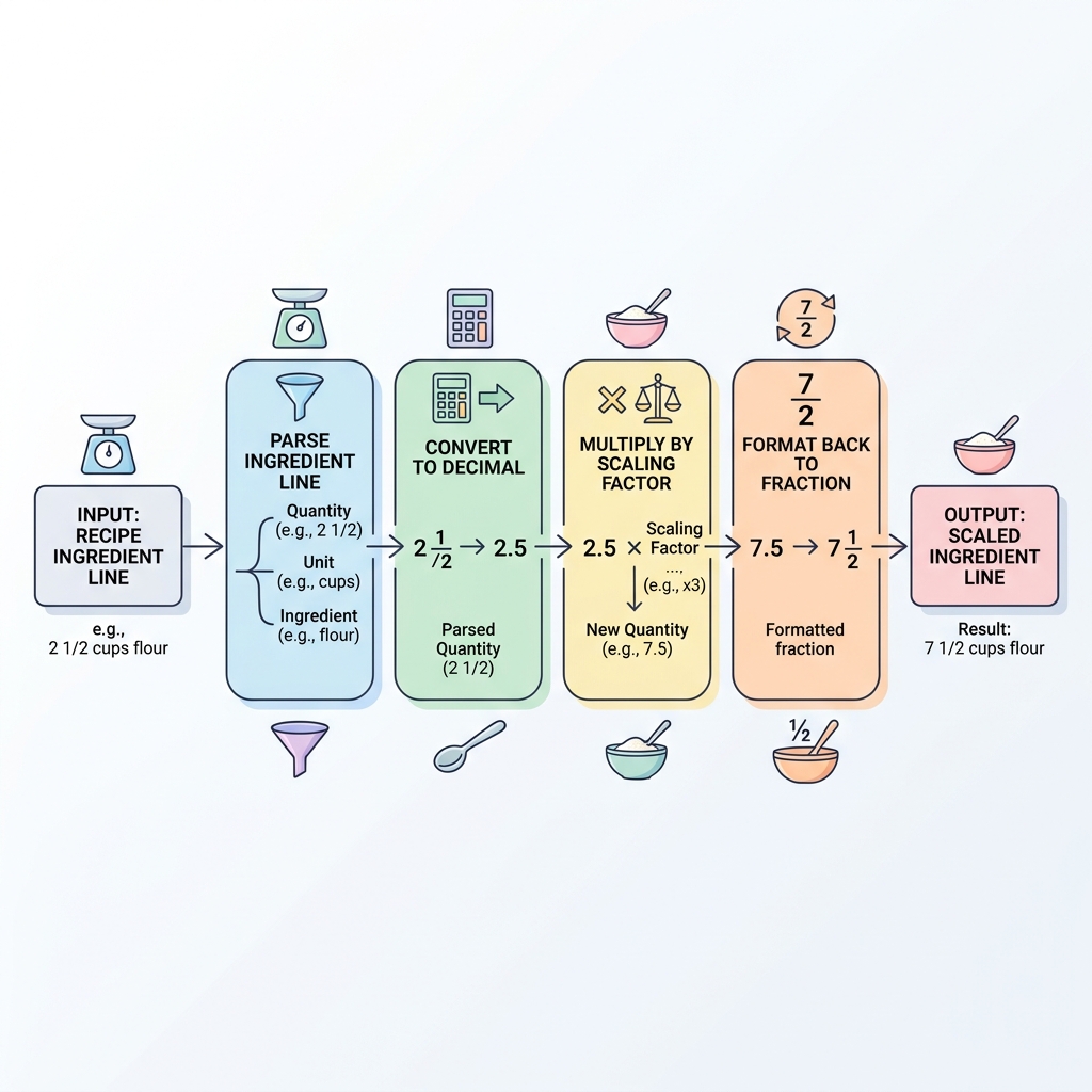 Flow diagram showing ingredient line being parsed into quantity, unit, and name, then multiplied by scaling factor, then formatted back to fraction