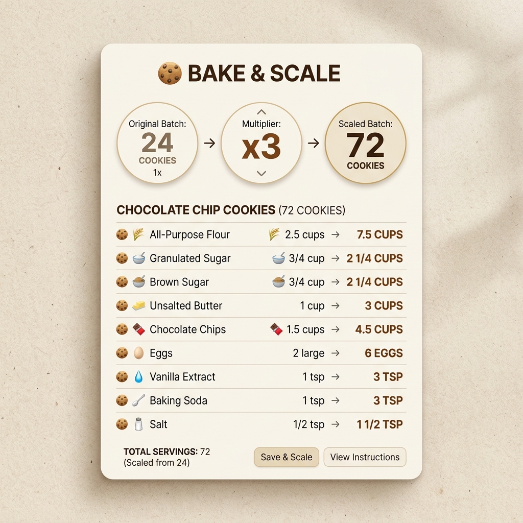 Recipe scaler tool showing chocolate chip cookie ingredients scaled from 24 to 72 cookies with 3x multiplier