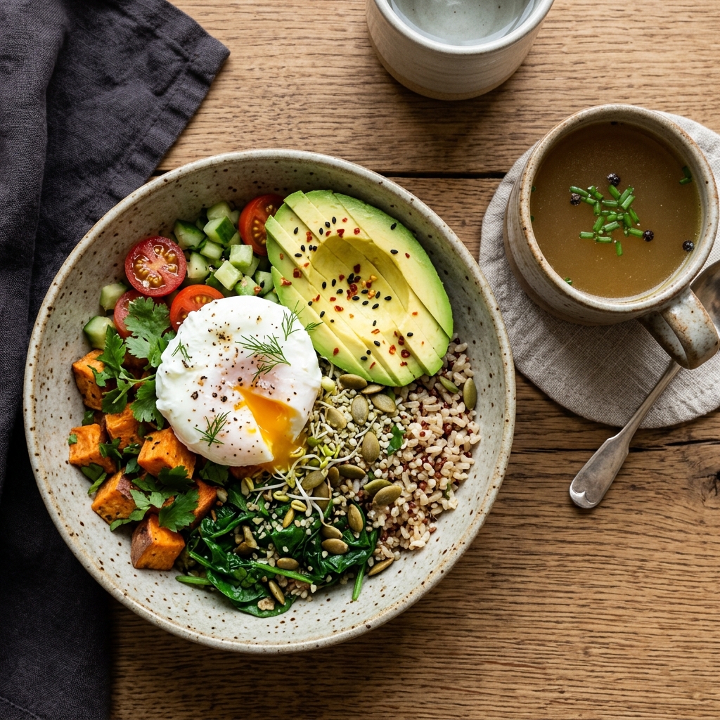 Gentle re-feeding meal containing bone broth, avocado, and poached egg