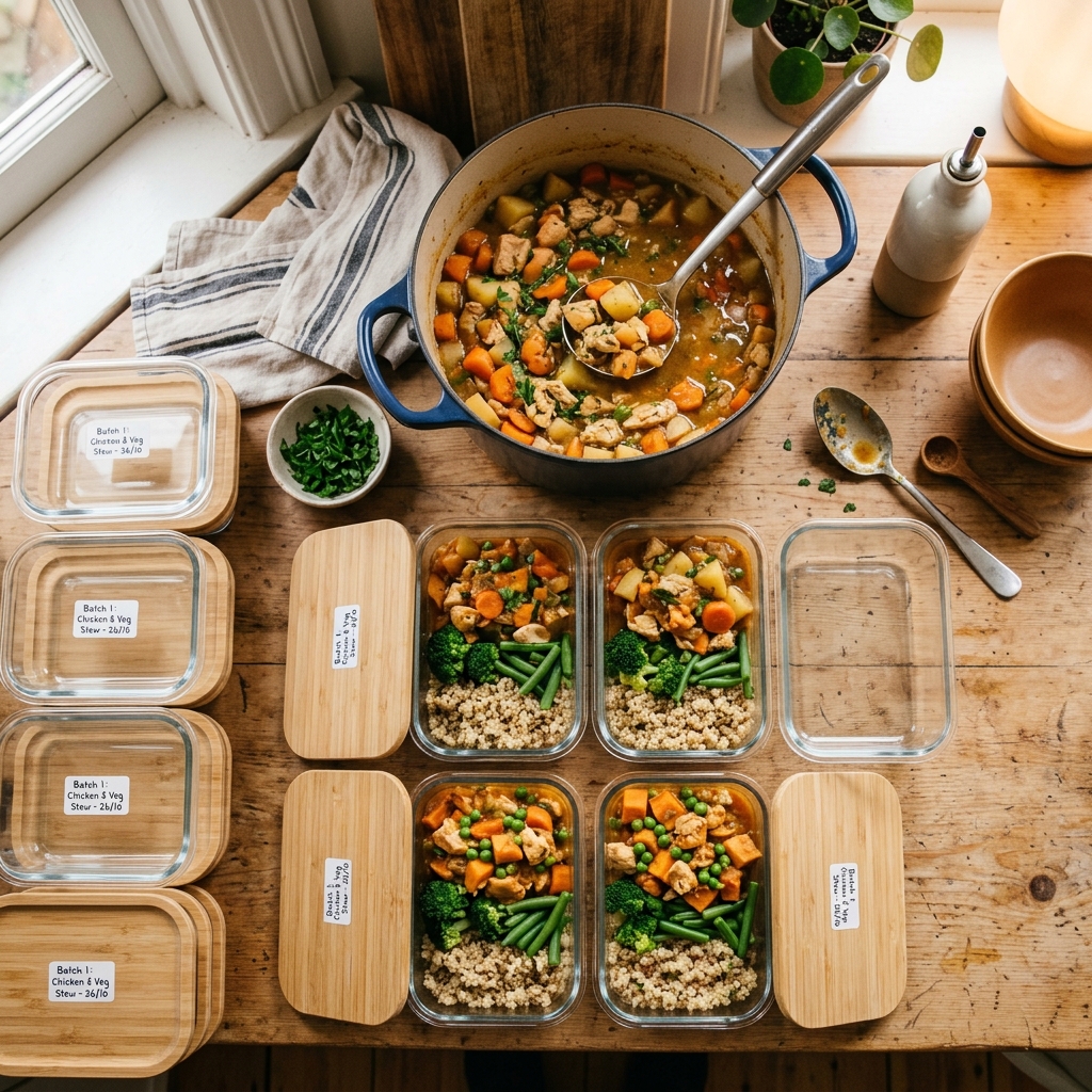 Serving size calculator dividing cooked batch mass across meal containers